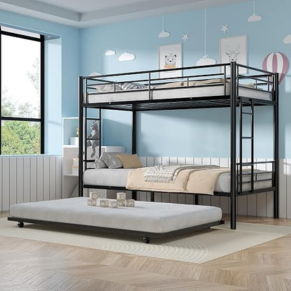 VECELO Twin Over Twin Bunk Bed with Trundle, Black | Metal Bunkbeds, 2 Side Ladders, Full-Length Guardrail, Noise Free, No Box Spring Needed