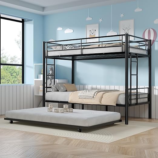 VECELO Twin Over Twin Bunk Bed with Trundle, Black | Metal Bunkbeds, 2 Side Ladders, Full-Length Guardrail, Noise Free, No Box Spring Needed