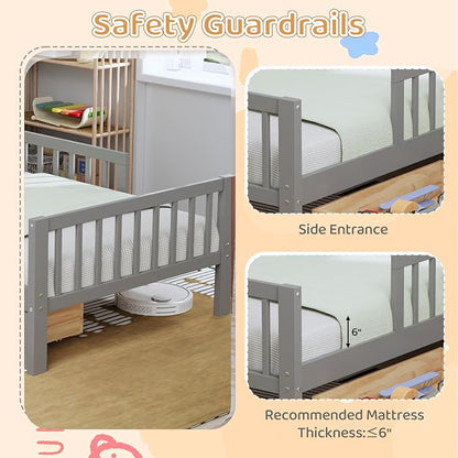 Kids Twin Size Bed Frame with Storage Drawers and Bookcase,Wood Twin Bed Frames for Kids,Twin Bed Frame with Headboard and Footboard for Boys Girls,No Box Spring Needed,Gray