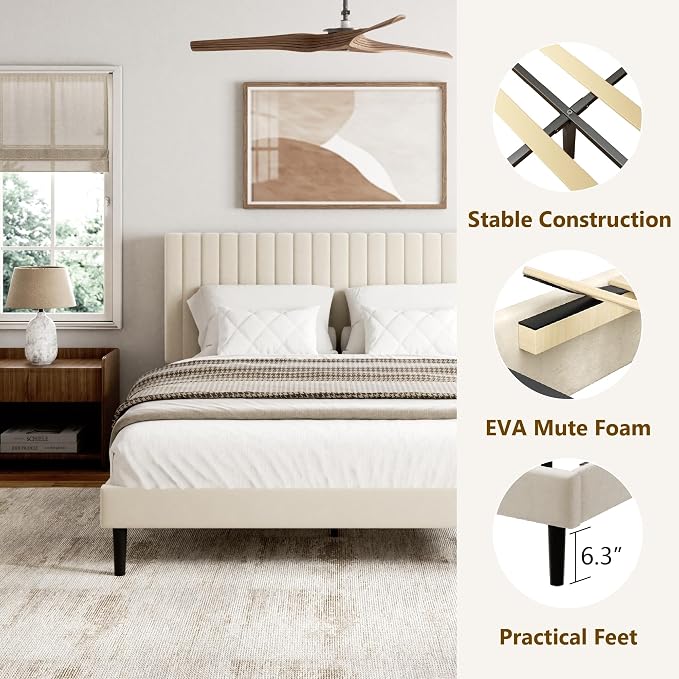 Sismplly Full Size Bed Frame with Velvet Upholstered Headboard, Platform Bed with Strong Wood Slats, Mattress Foundation, Box Spring Optional, Easy Assembly, Beige