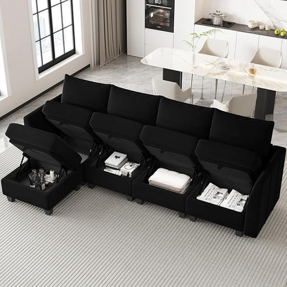 Belffin Modular Sectional Sofa Couch with Reversible Chaise Velvet L Shaped Storage 4-seat Convertible Black