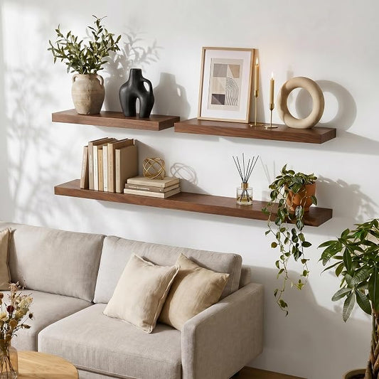 fuqing 40 Inch Floating Shelves | 6.7 Inch Deep Dark Wood Floating Shelves for Wall Set of 2 | 40''W x 6.7''D x 1.4''H Dark Wood Shelves for Living Room Bathroom Bedroom Kitchen Home Office
