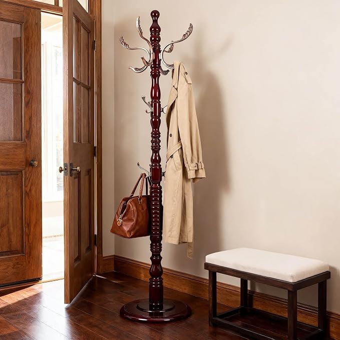 Wooden Coat Rack Freestanding with 20 Metal Hooks, Adjustable Height Coat Tree Free Standing Heavy Duty for Entryway, Easy Assembly Solid Wood Sturdy Coat Hats Hanger Stand for Office Hallway Bedroom