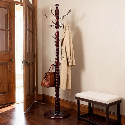 Wooden Coat Rack Freestanding with 20 Metal Hooks, Adjustable Height Coat Tree Free Standing Heavy Duty for Entryway, Easy Assembly Solid Wood Sturdy Coat Hats Hanger Stand for Office Hallway Bedroom