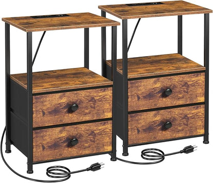LOAKEKEL Nightstands Set of 2, Night Stand with Charging Station, End Tables with Storage Shelf for Small Spaces, Bedside Table with 2 Fabric Drawers for Bedroom, Rustic Brown, HETS020PBR