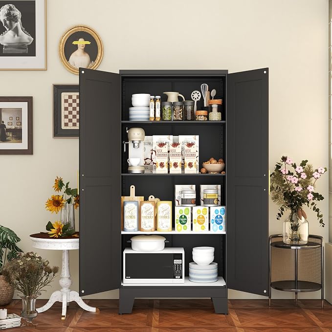 Black Metal Storage Cabinet, 61" Steel Cabinets for Home Office | Kitchen Pantry Storage Cabinet with Doors and 3 Adjustable Shelves, Metal Tool Cabinet, for Office, Home, Garage, School