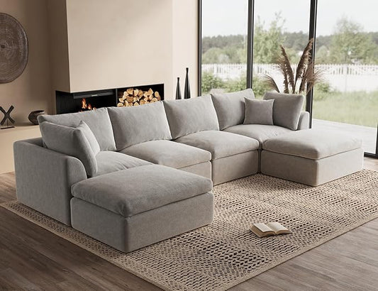 ohllob Oversized Cloud Sectional Couches for Living Room, Boneless U Shaped Couch with Ottoman, 4 Seater Modular Sectional Sofa, Light Grey