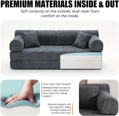 78.8" Memory Foam Boneless Couch, Corduroy Floor Sofa Bed, Convertible Sleeper Futon Loveseat, Wide Armrest & Back Support, Supports Up to 1200lbs, Couch in a Box with 2 Pillows, Charcoal Gray