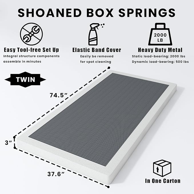 SHOANED Twin Size Box Springs - 3 Inch Low Profile Mattress Foundation No Noise Heavy Duty Metal Basics Bed Base with Clean Fabric Cover, Easy Assembly