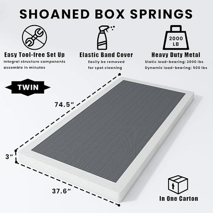 SHOANED Twin Size Box Springs - 3 Inch Low Profile Mattress Foundation No Noise Heavy Duty Metal Basics Bed Base with Clean Fabric Cover, Easy Assembly