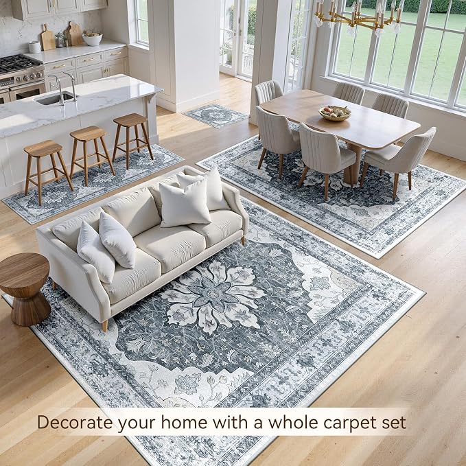 RELEANY Area Rugs Runner 2'x10' Washable Non-Slip, Floral Vintage Distress Medallion Carpet for Kitchen Hallway Bedroom Beside Laundry Room Bathroom, Light Gray Grey White