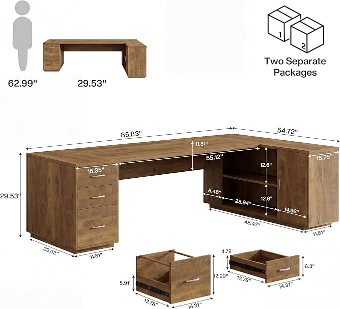 Tribesigns 85.8-Inch L-Shaped Executive Office Desk with File Drawers & Storage Cabinet, Professional Corner Computer Desk Extra Large Business Workstation with Adjustable Shelves, Light Brown