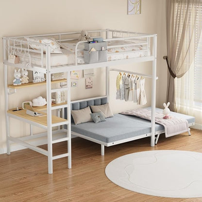 Jocoevol Twin Loft Bed with Mattress, Dual-Access Bed, Pull-Out Folding Bed & L-Shaped Desk, Heavy Duty Metal Bunk Bed Frame with Safety Guardrails, Charging Station & Adjustable Shelves (Pearl White)