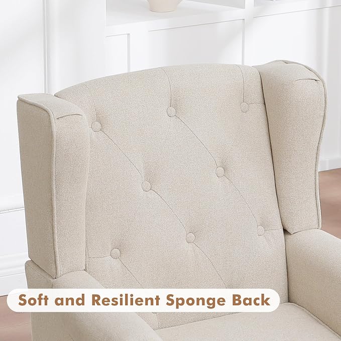 Accent Chair for Living Room, Mid Century Modern Upholstered Armchair, Wingback Chair with Tufted High Back and Solid Legs, Comfy Single Sofa Side Chairs for Bedroom, Khaki