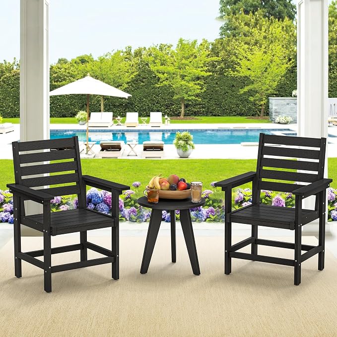 Patio Dining Chairs Set of 2, HDPE Weather Resistant Outdoor Chairs with Armrest, Heavy Duty 300LBS Support Patio Chairs for Backyard Deck Porch Balcony, Black
