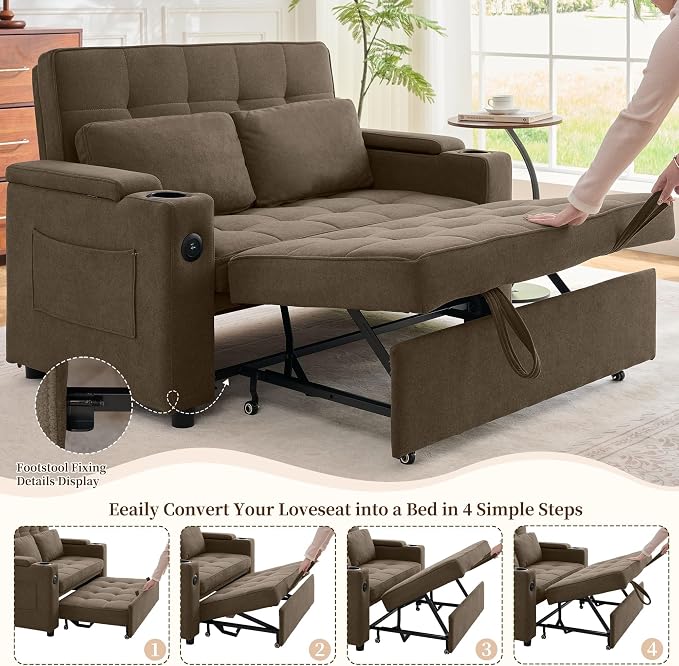 Korser 55.5'' 3-in-1 Convertible Sofa Bed, Pull Out Couch with 5-Position Adjustable Backrest, Loveseat Sleeper Sofa for Small Spaces, Sofa Couch with Cup Holders for Living Room, Office, Chenille
