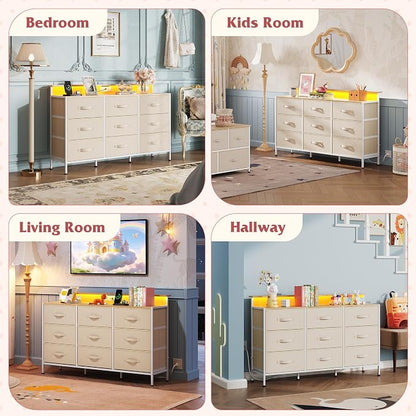 WLIVE Dresser TV Stand for 45, 50, 55 inch TV, Entertainment Center with LED Lights & Charging Station, Chest of Drawers with 9 Fabric Drawers for Living Room, Cream White