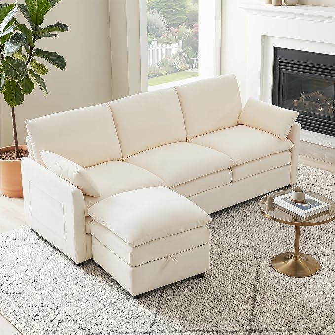Iroomy 25" Chenille Ottoman, 9.5" Thick Cushion, Upholstered Footrest Modern Footstool & Bench for Living Room, Bedroom, Beige