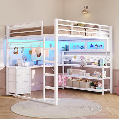 ADORNEVE Loft Bed Full Size with L-Shaped Gaming Desk, Arcylic RGB Hutch & Safety Charging Station, Metal Loft Bed with Storage Drawer, Safety Guardrail & Ladder, Space Saving for Teen Girls, White