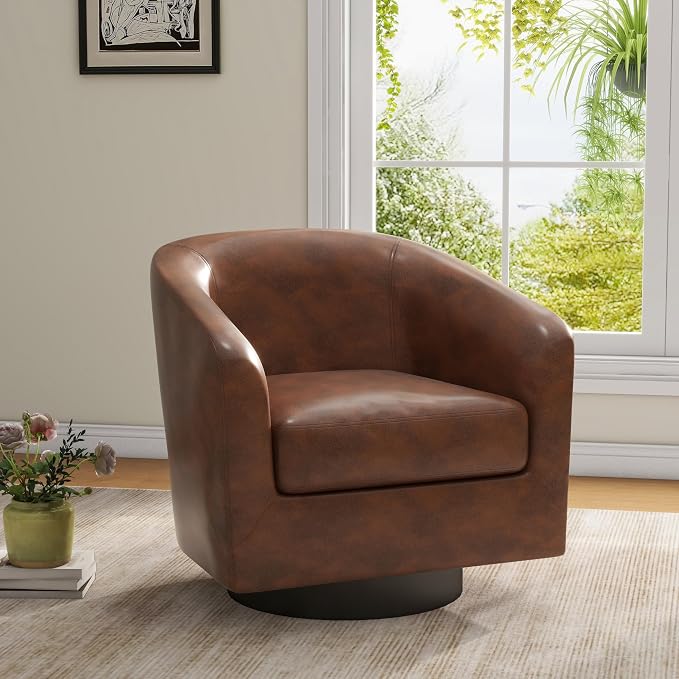 Faux Leather Swivel Barrel Accent Chairs Set of 2, Swivel Club Chair Upholstered Armchair for Living Room, Modern Round Pleather Arm Chair Comfy Single Sofa Bedroom Reading Seat - Coffee