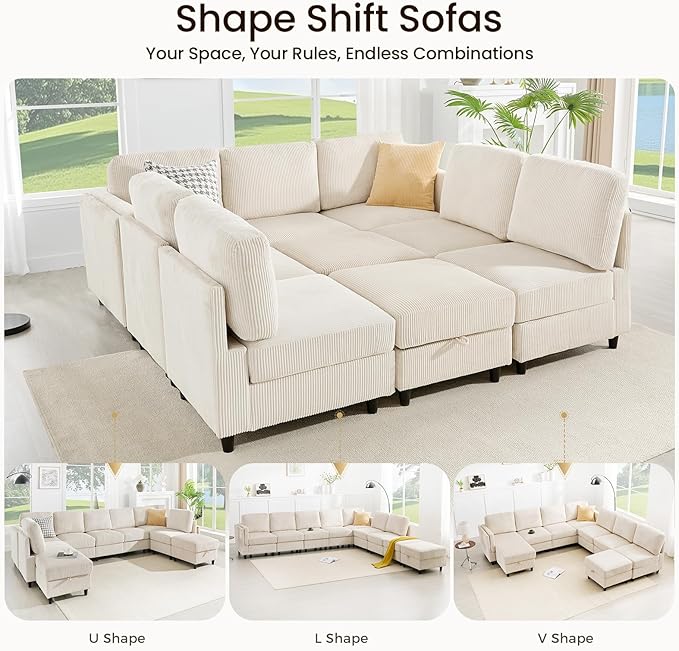 KKL Modular Sectional Sofa Bed - Sofabed with Storage Ottoman, Convertible L/U-Shaped Sleeper Couch for Living Room, Modern Reversible Design, Beige