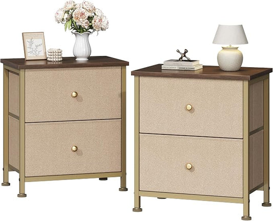 DUMOS Nightstand Set of 2, Bedside Table for Bedroom, Small Dresser | Side/End Table with 2 Fabric Drawers, Storage Cabinet Furniture, 20 Inch Night Stand for Closet, Entryway, Khaki 2Pack