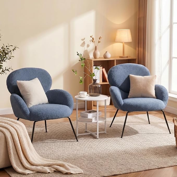 Small Accent Chair Set of 2,Sherpa Chair with Love Back, Boucle Chairs with Metal Legs, Comfy Modern Reading Chairs/Sherpa Accent Chair with Thick High-Elastic Sponge/Cream Style Room (Blue)