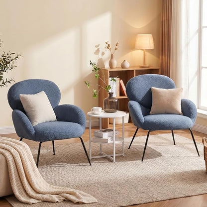 Small Accent Chair Set of 2,Sherpa Chair with Love Back, Boucle Chairs with Metal Legs, Comfy Modern Reading Chairs/Sherpa Accent Chair with Thick High-Elastic Sponge/Cream Style Room (Blue)