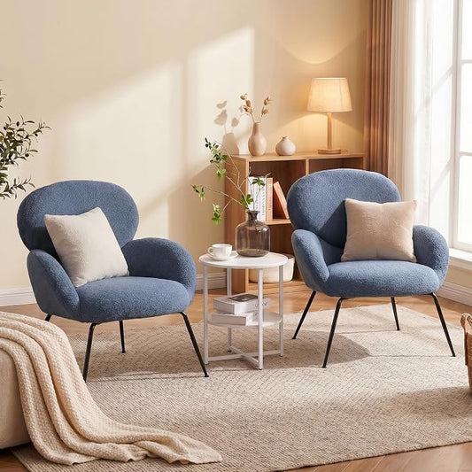 Small Accent Chair Set of 2,Sherpa Chair with Love Back, Boucle Chairs with Metal Legs, Comfy Modern Reading Chairs/Sherpa Accent Chair with Thick High-Elastic Sponge/Cream Style Room (Blue)