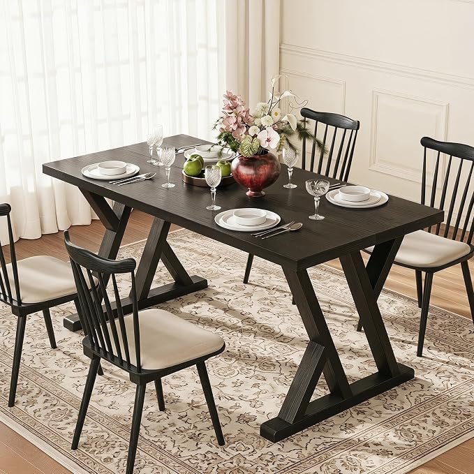 Solid Wood Dining Table for 4-6 People, 63 Inches Wooden Farmhouse Rectangular Kitchen Dinner Table with Heavy-Duty Legs for Home, Living Room, Dining Room, Black