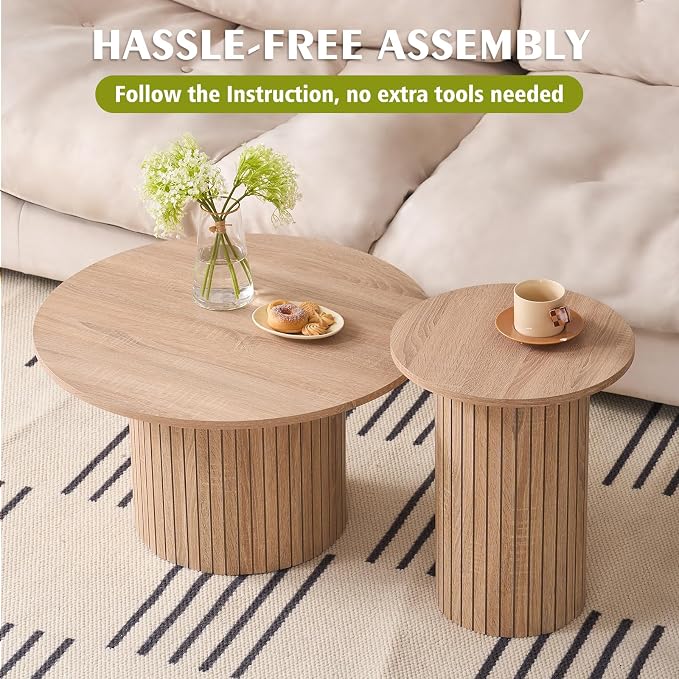 Round Nesting Coffee Table Set of 2, Fluted for Small Spaces | Modern style, suitable for living rooms, roller design, wooden