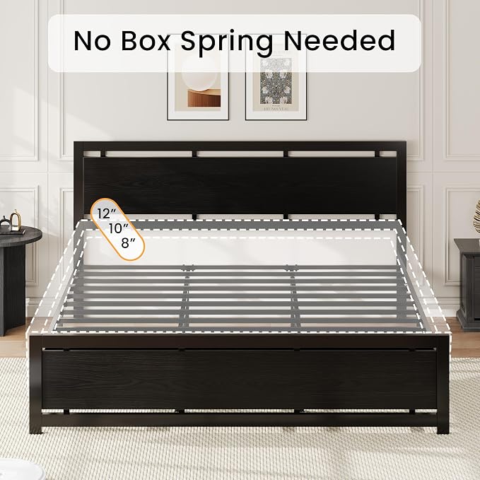 LIKIMIO King Bed Frame with Headboard and Footboard, Metal Strong Supports, Easy Assembly, Noise-Free, No Box Spring Needed, Black
