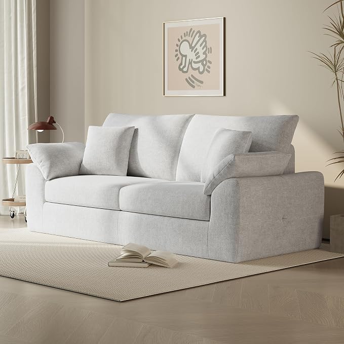 90" Boneless Loveseat Sofa, Polyester Fabric 2-Seater Couch with 4 Pillows, No Assembly Required, Soft High Density Foam Cushion, Rectangular Track Arm Sofa for Living Room Bedroom Apartment (Beige)
