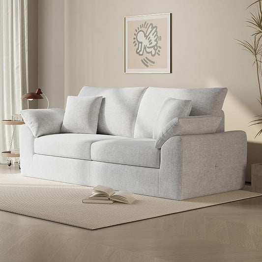 90" Boneless Loveseat Sofa, Polyester Fabric 2-Seater Couch with 4 Pillows, No Assembly Required, Soft High Density Foam Cushion, Rectangular Track Arm Sofa for Living Room Bedroom Apartment (Beige)