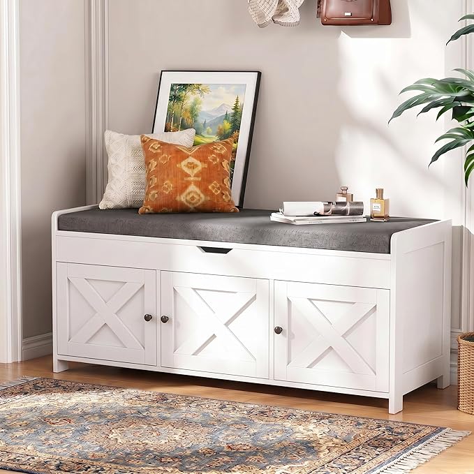 Marsail Shoe Storage Bench with Seating, Farmhouse Entryway Bench with Shoe Storage and Cushion, Under Window Benches Wooden Ottoman for Bedroom, Entry Way, Living Room, White