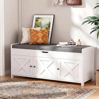 Marsail Shoe Storage Bench with Seating, Farmhouse Entryway Bench with Shoe Storage and Cushion, Under Window Benches Wooden Ottoman for Bedroom, Entry Way, Living Room, White