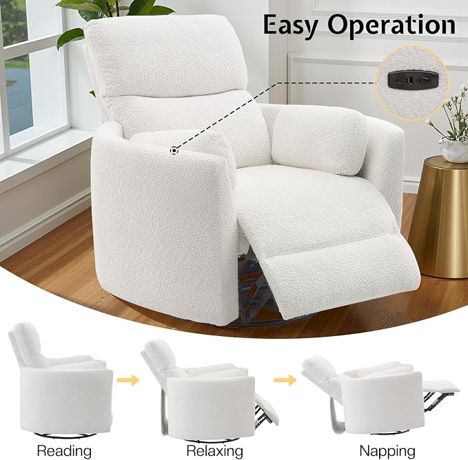 Jocisland Power Recliner Nursery Chair for Adults, Electric Swivel Rocking Glider with USB & Type-C Charge, Teddy Sherpa Armchair with 2 Pillows, Cozy Reclining Sofa for Living Room, Bedroom, White