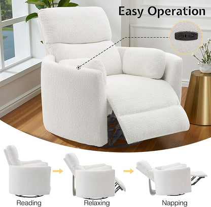 Jocisland Power Recliner Nursery Chair for Adults, Electric Swivel Rocking Glider with USB & Type-C Charge, Teddy Sherpa Armchair with 2 Pillows, Cozy Reclining Sofa for Living Room, Bedroom, White