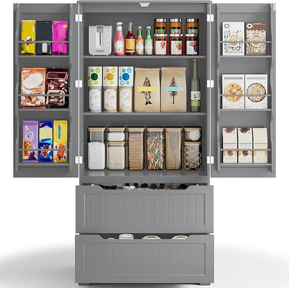 Gizoon Pantry Storage Cabinet with Drawers Freestanding Kitchen Storage Cabinets with Doors and Shelves, 63" Food Pantry for Dining Room Craft Room, Gray, Painted