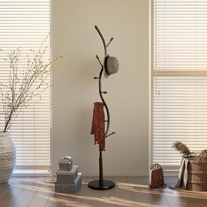 Roundhill Furniture Arles Metal Black and Walnut Standing Coat Rack
