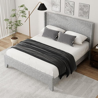 Queen Bed Frame with Faux Leather Upholstered Headboard, Wear-Resistant, Easy Clean, Mattress Foundation, No Box Spring Required, Easy Assembly, Grey