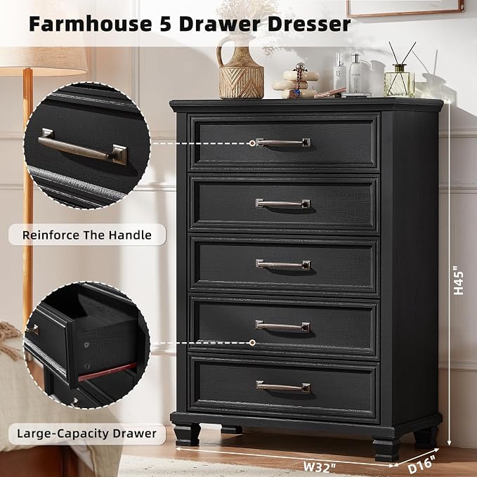 SAVOR LIFE Farmhouse Dresser and Nightstand Sets 3 Piece, 5 Drawer Dresser & 2 Drawer Nightstand Set, Rustic Wood Bedroom Furniture Set for Home, Bedroom, Hallway, Black