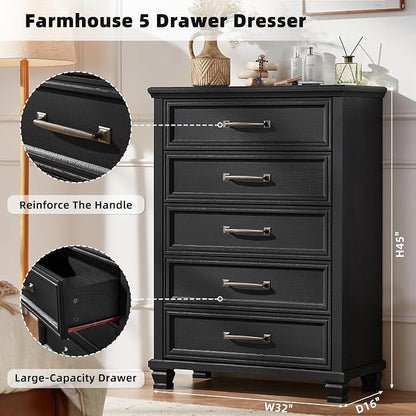SAVOR LIFE Farmhouse Dresser and Nightstand Sets 3 Piece, 5 Drawer Dresser & 2 Drawer Nightstand Set, Rustic Wood Bedroom Furniture Set for Home, Bedroom, Hallway, Black