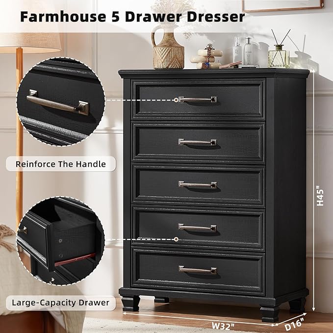 SAVOR LIFE Farmhouse Chest of Drawers for Bedroom, 45” Tall Dresser for Closet, Rustic Wood Dressers for Bedroom, Hallway, Entryway, Black