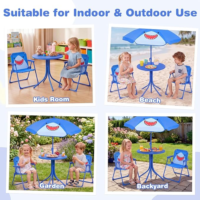 Costzon Kids Picnic Table, Kids Outdoor Table with 2 Folding Chairs, Height Adjustable Umbrella, Portable Children Outdoor Furniture for Patio, Garden, Backyard (Blue Shark)