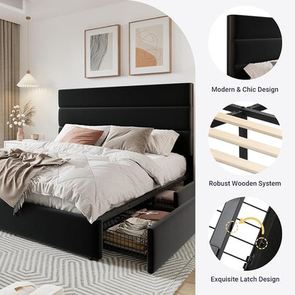 Allewie Modern King Size Platform Bed Frame with 4 Storage Drawers and Velvet Upholstered Headboard, Wooden Slats Support, Upholstered Mattress Foundation/No Box Spring Needed/Easy Assembly, Black