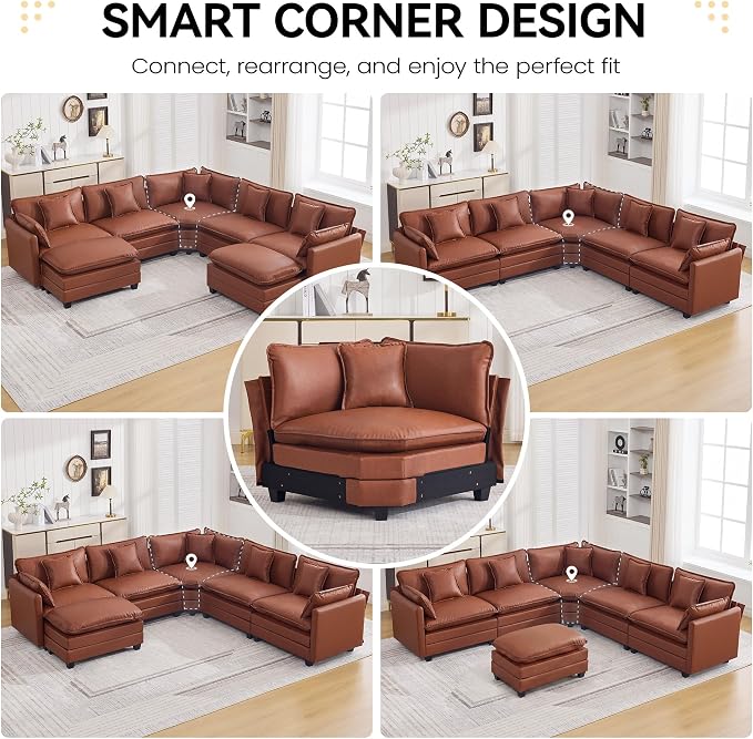 137'' V Shaped Cloud Sectional Sofa, Oversized Deep Seat Leather Couches for Living Room, Comfy Upholstered Modular Sectional Sofa Couch, Leather Brown