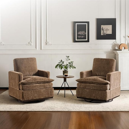 VINGLI 360° Swivel Accent Chairs Set of 2 with Double-Layer Seat Cushions, Comfy Single Square Sofa Armchairs, Upholstered Club Chairs for Living Room,Bedroom, Reading Room, Chenille Khaki