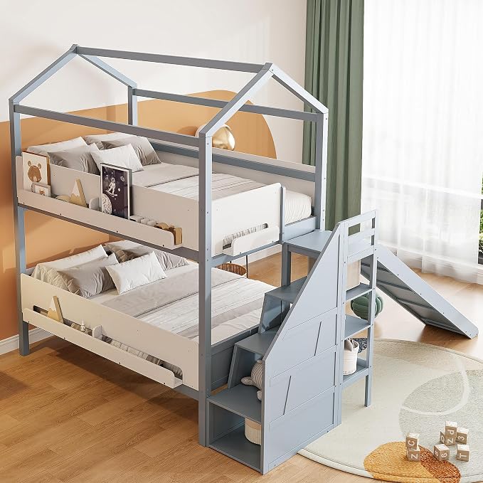 Harper & Bright Designs Twin Over Full House Bunk Bed with Trundle and Slide, Metal Bunk Bed with Bookshelf and Stairs for Kids Teens Adults, Space Saving, No Box Spring Needed, Gray+White