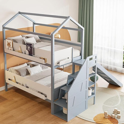 Harper & Bright Designs Twin Over Full House Bunk Bed with Trundle and Slide, Metal Bunk Bed with Bookshelf and Stairs for Kids Teens Adults, Space Saving, No Box Spring Needed, Gray+White